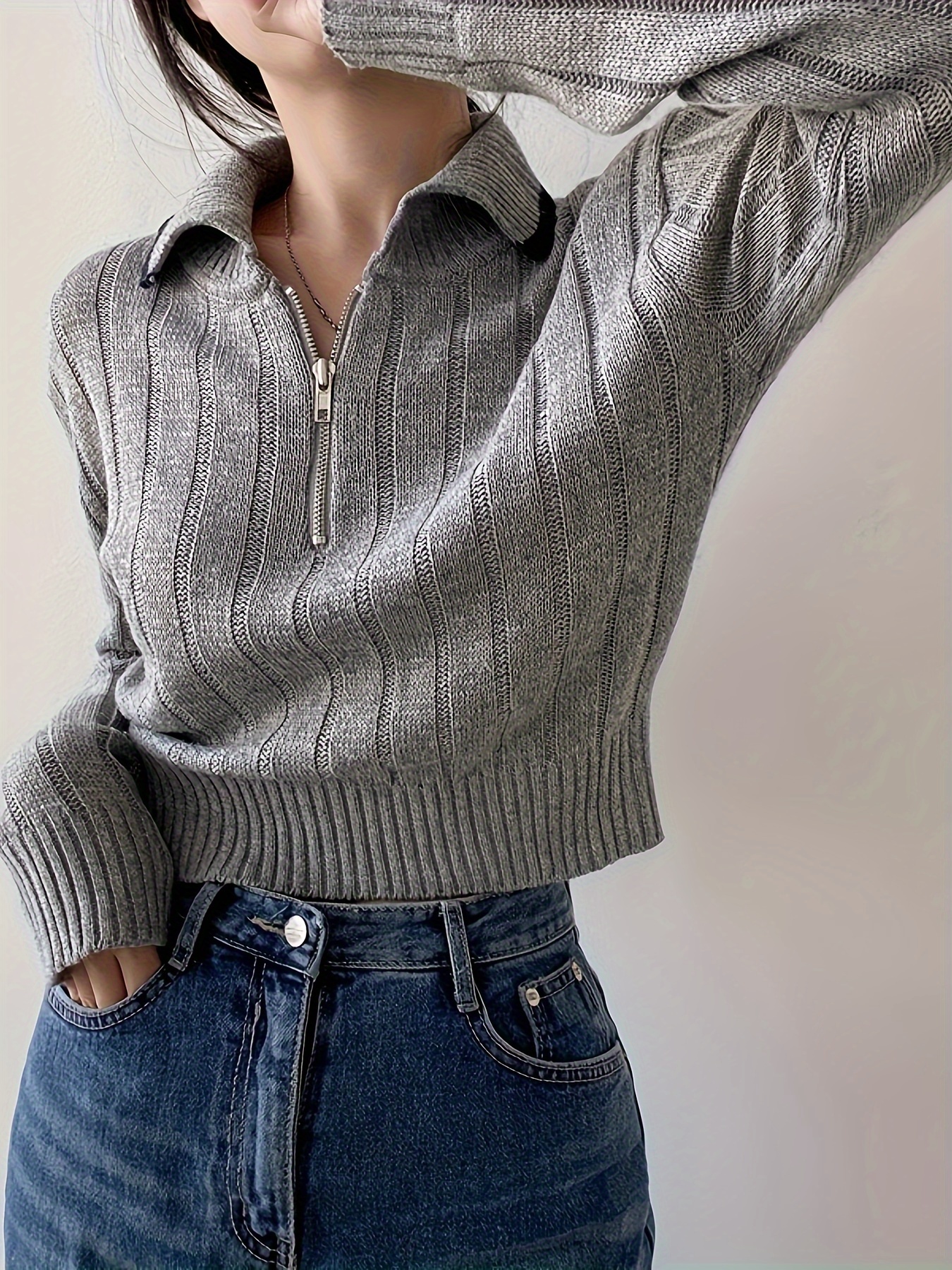 Autumn and Winter New Casual Lapel Zipper Pullover Sweater Thin Top Woman