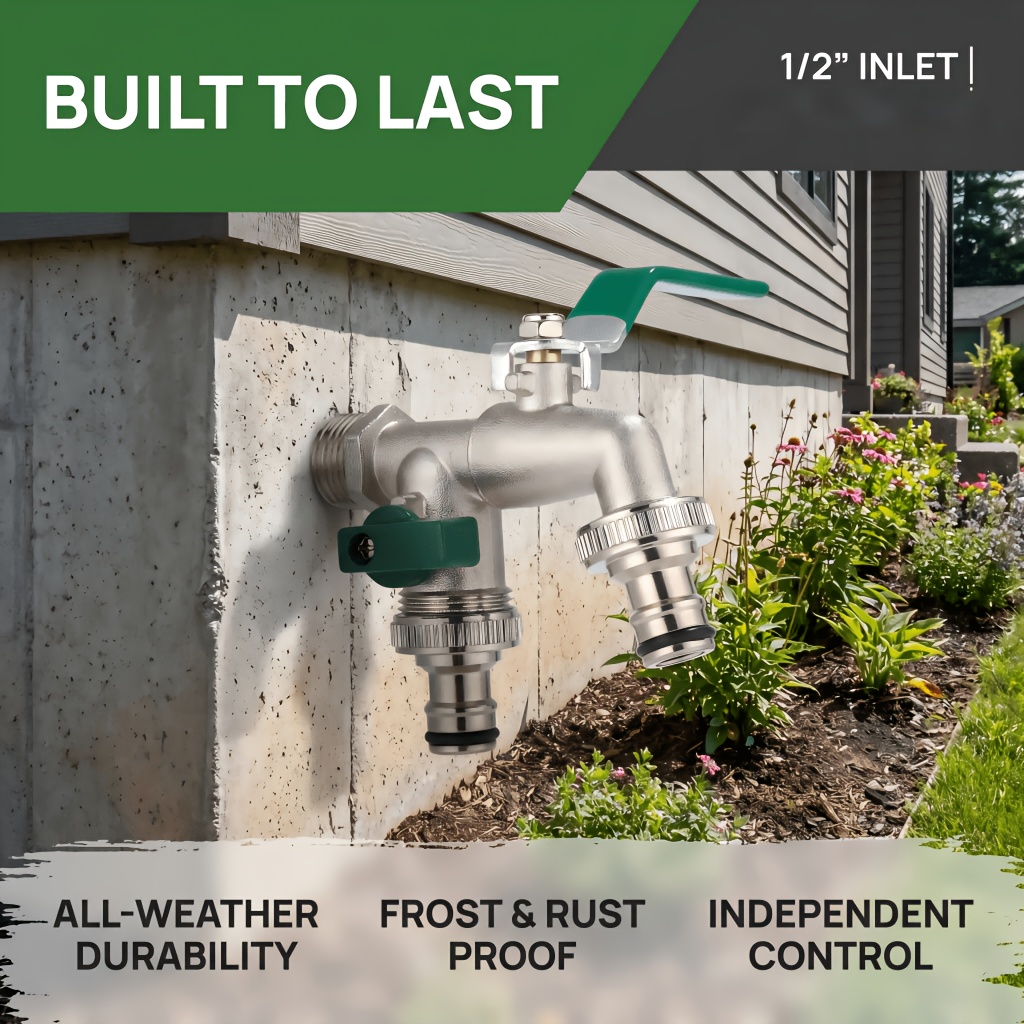 Image of 1/2-inch Dual-outlet Faucet, 2-way Wall-mounted Ball Valve Diverter, Outdoor Faucet Replacement, With Universal Threads, Suitable For Lawns, , And More, Includes Extra Components