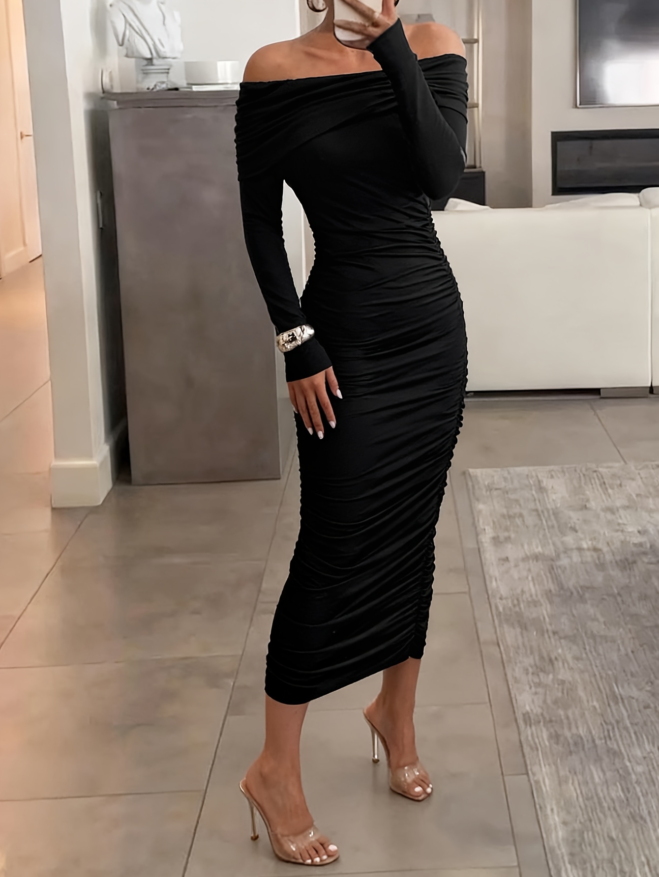 black floral foil printed mesh band collar bodycon dress ruched sold on Temu United States Color:#56-Light Warm Gray Made with a shell tuxedo inspired Miss Circle Women Radha