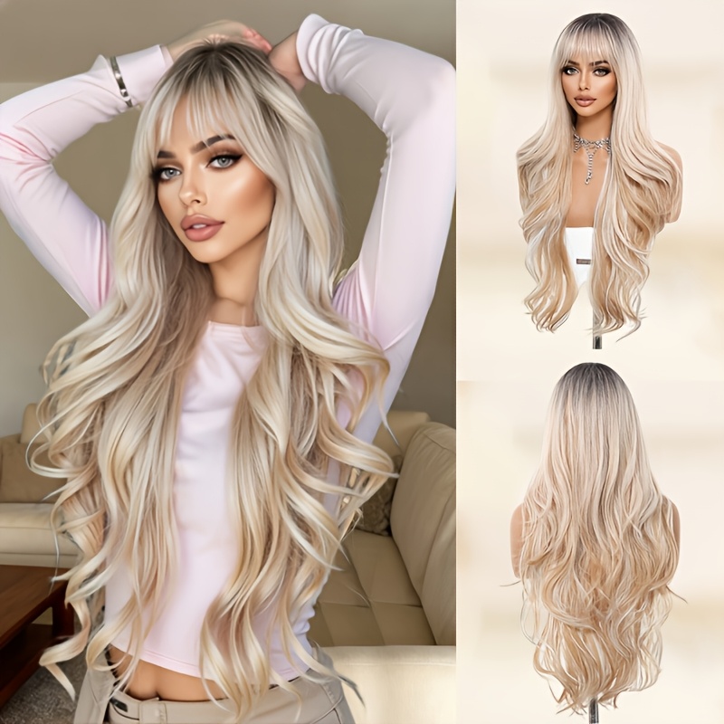 TEMU Elegant Gradient Blonde Long Wavy Loose Wave Wig With Bangs | Women's Fashionable Elegant Style, High Temperature Synthetic Fiber, Cap - Ideal