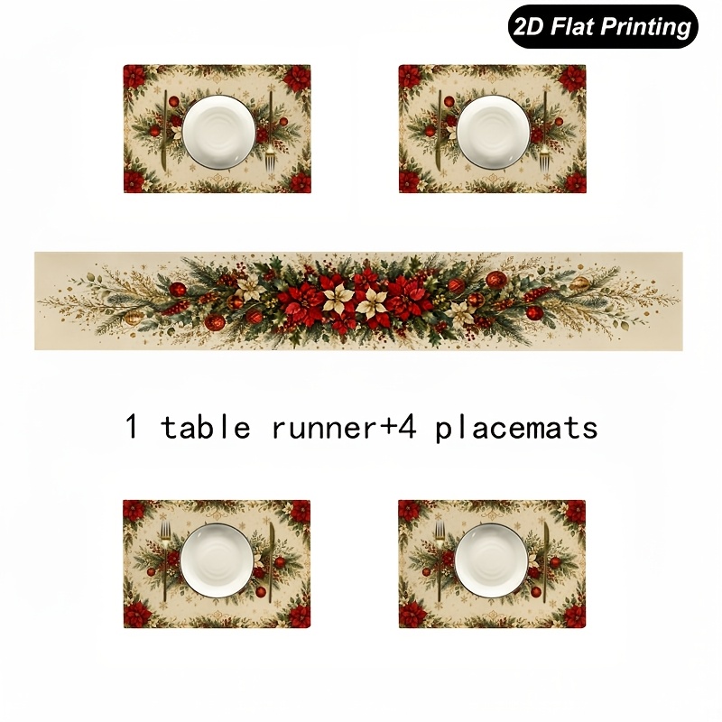 TEMU 5/7pcs Elegant Poinsettia Christmas Table Runner And Placemat, 1pc Table 4/6pcs Placemat, Seasonal Table Decorations, Country Farmhouse Kitchen