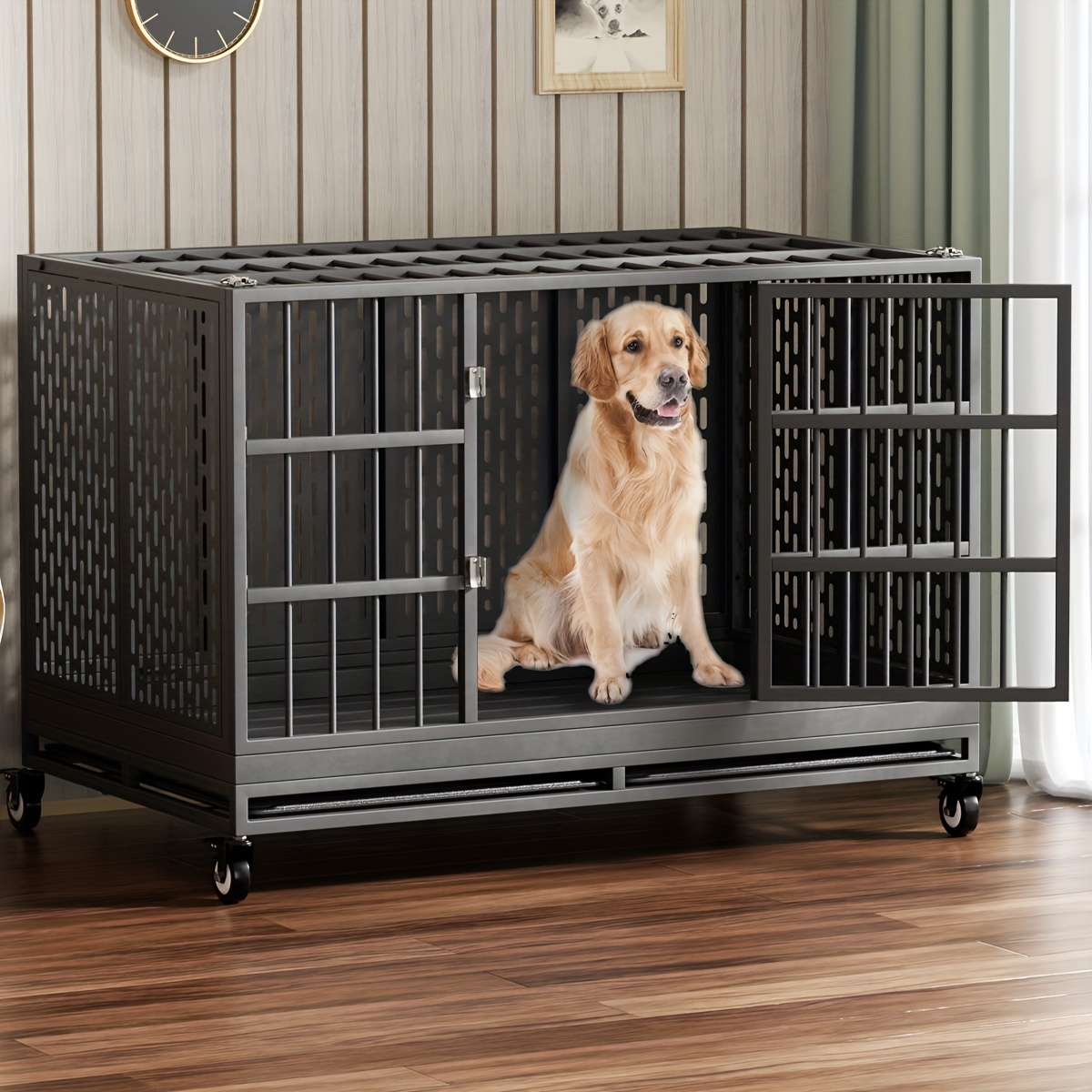 

48 Inch Heavy Duty Dog Crate With Wheels And Unique Rod, Folding Metal Big Dog Cage For Large Dogs, Extra Large Dog Crate With Removable Tray