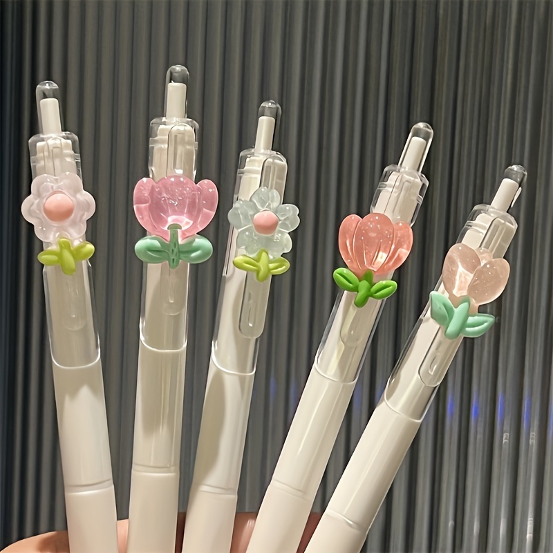 Image of 2-pack Cute Floral Retractable Pens Student Quick-dry Neutral Pens, 0.5mm.st Head High-quality Girly Heart Translucent Tulip Pens