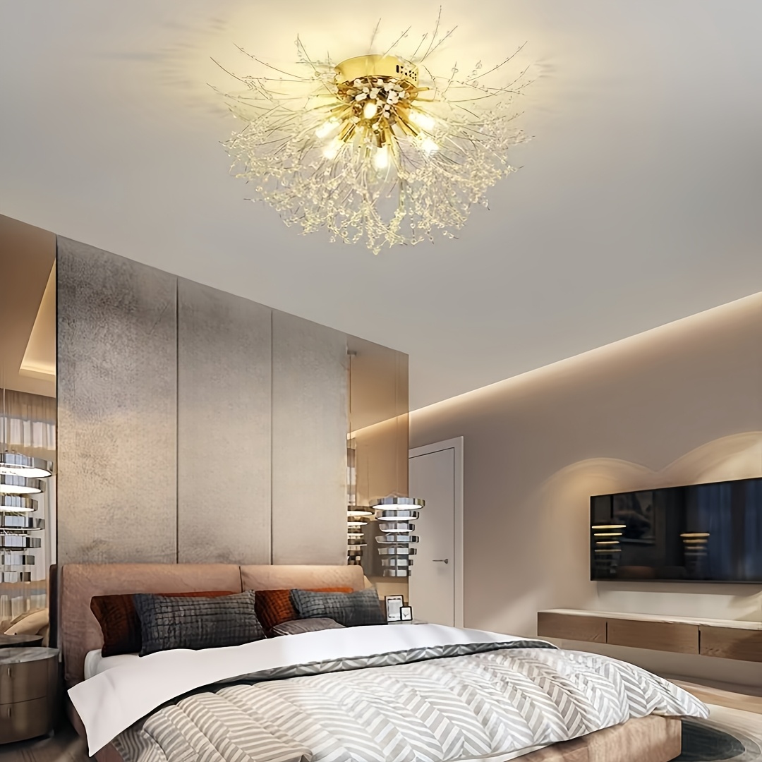 Modern Dandelion-Shaped Crystal LED Ceiling Light with 3-Color Changing Bulbs - Elegant Chandelier for Dining Room, Living Room, or Bedroom - Wall Switch Controlled (Remote Not Included), Bedroom Chandelier | Contemporary Ambiance | Metal Construction, Chandeliers for Ceiling