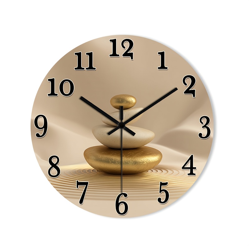 TEMU 1pc 2d Flat Wall Clock Non-ticking Wooden, Circular Clock Hd Glossy Lamination Finish Stone Stack With Circles Room, Kitchen, Office, Closet