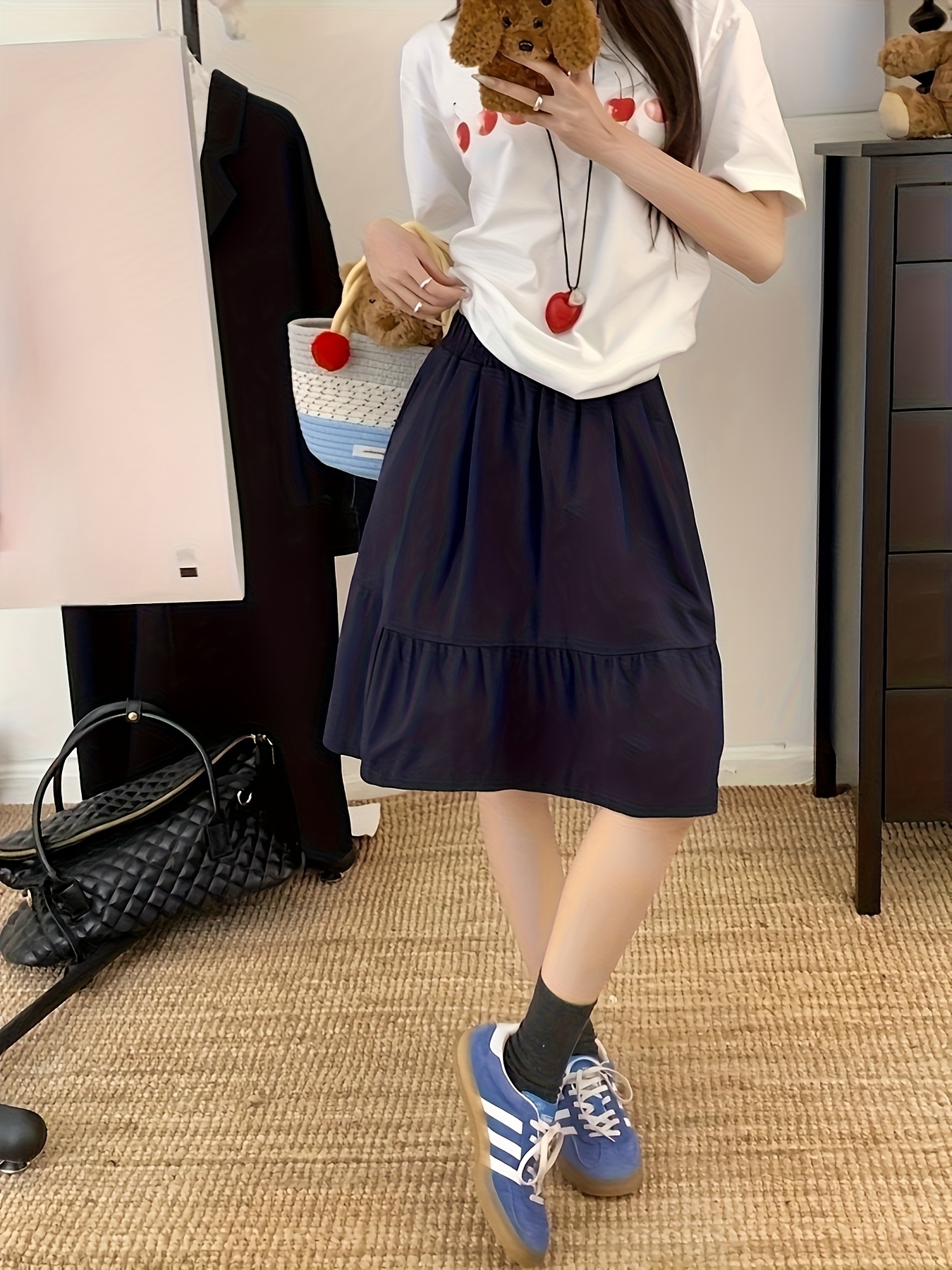 women's preppy style navy blue a line skirt pockets flared Temu