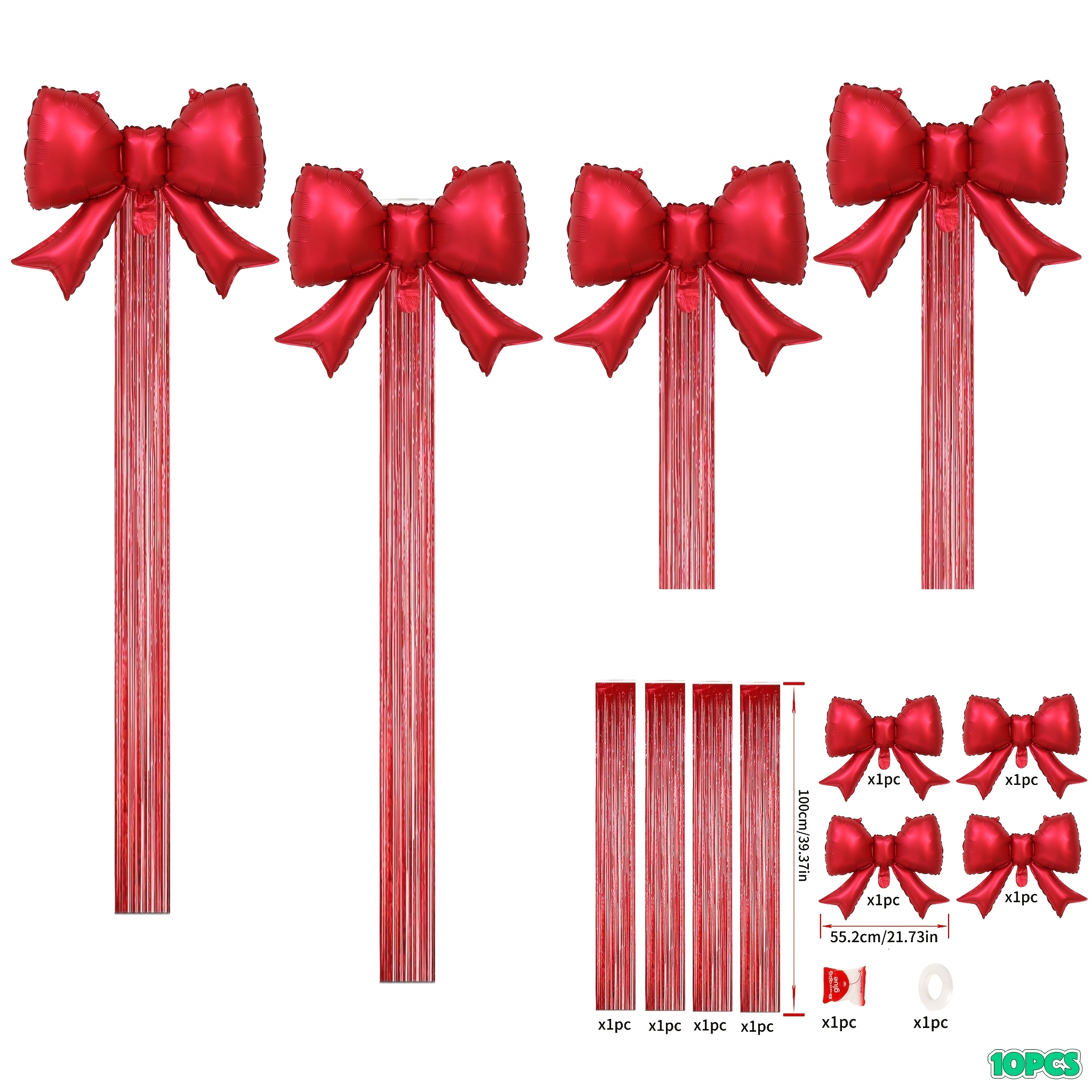 TEMU Lot de 10 ballons en feuille d'aluminium avec nœud rouge + lot de pompons à rouges, inclut des points adhésifs et du ruban adhésif, grands