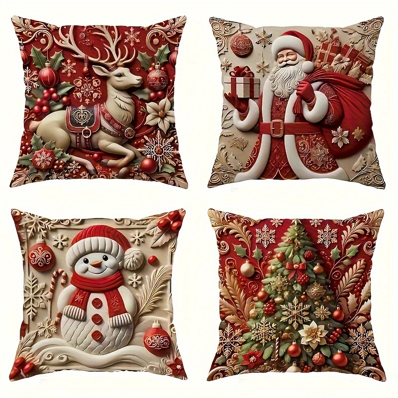 

4-pack 3d Christmas Throw Pillow Covers, Contemporary Style, Polyester, Zippered, Printed, Machine Washable, For Home & Kitchen Decor, Multiple Sizes, Woven Fabric