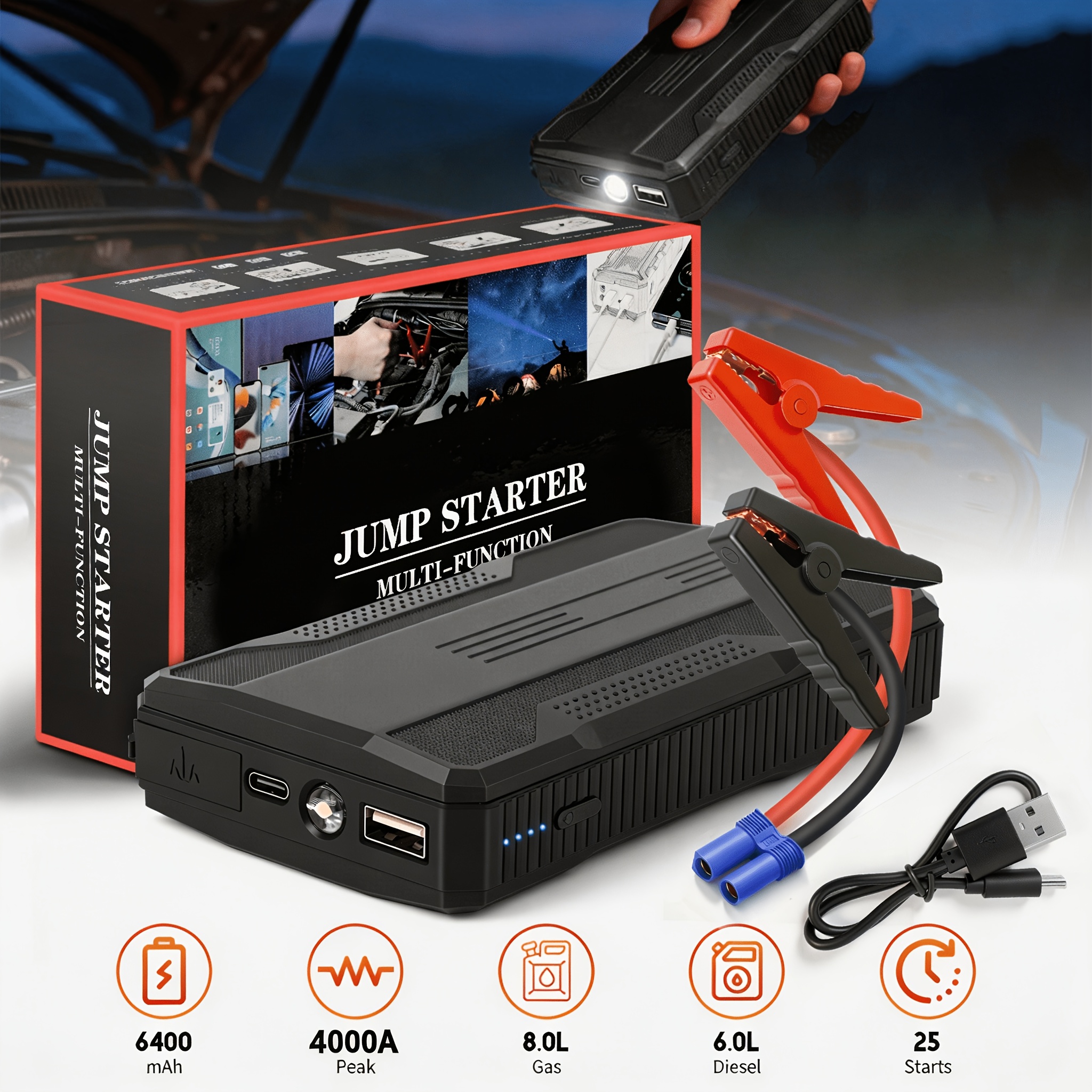 TEMU 12v Emergency Jump Starter, With 6400mah Battery, Usb Portable Power Bank, With Base Or , Led With Light/flash/sos, For 8.0l Gasoline And 6.0l ,