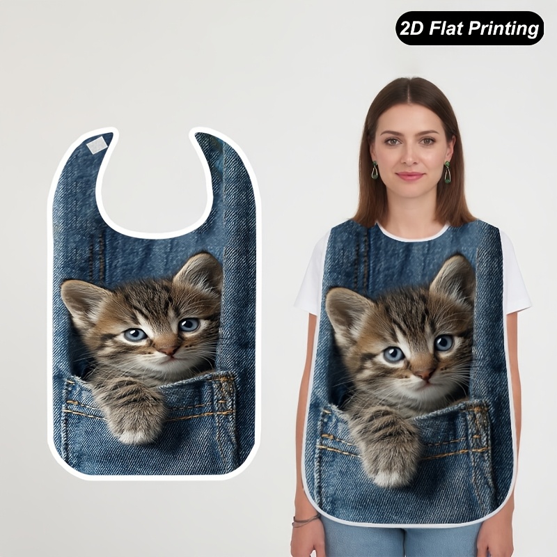 TEMU 1pc Bavoir 2D Plat Chat Jeans Poche Imprimé Bavoir Tendance Adulte et Personne Âgée -à-manger Attrape- pour , Éléments de Vaisselle, Motif