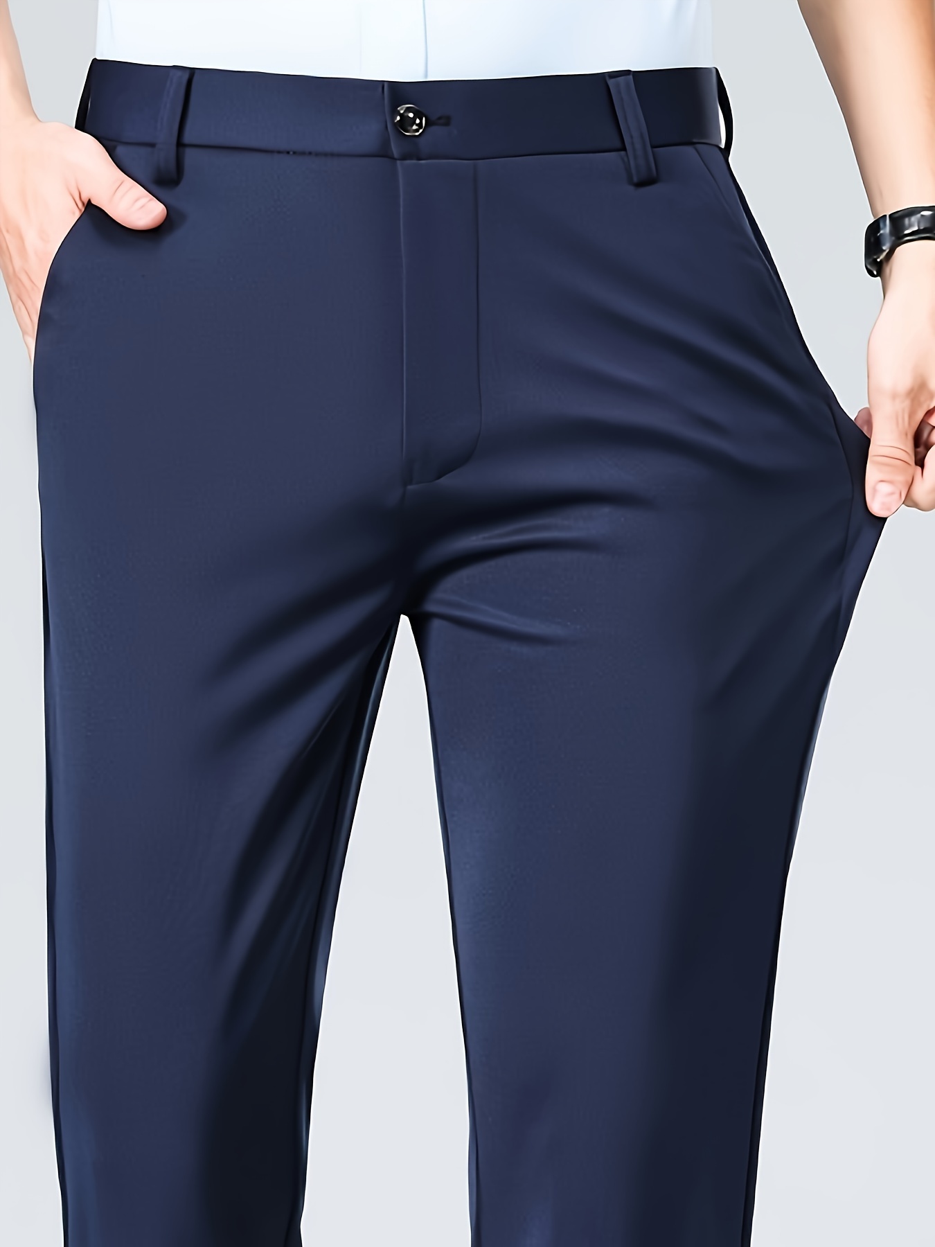 Men'S Relaxed Fit, Navy Blue Dress Pants - Stretchy Spandex Blend, Button-Fly, Mid-Rise, All-Season Workwear, Office Attire|Relaxed Fit Pants|Stylish Waistband