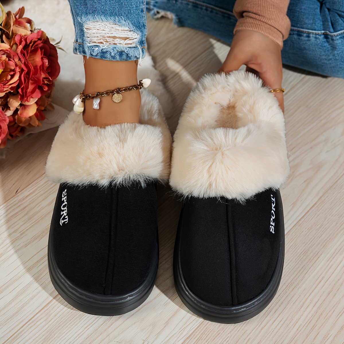 TEMU Winter Plus Size Indoor Home Comfortable Thickened Warm Soft Sole Thick Sole Silent Heeled Slippers Home Shoes