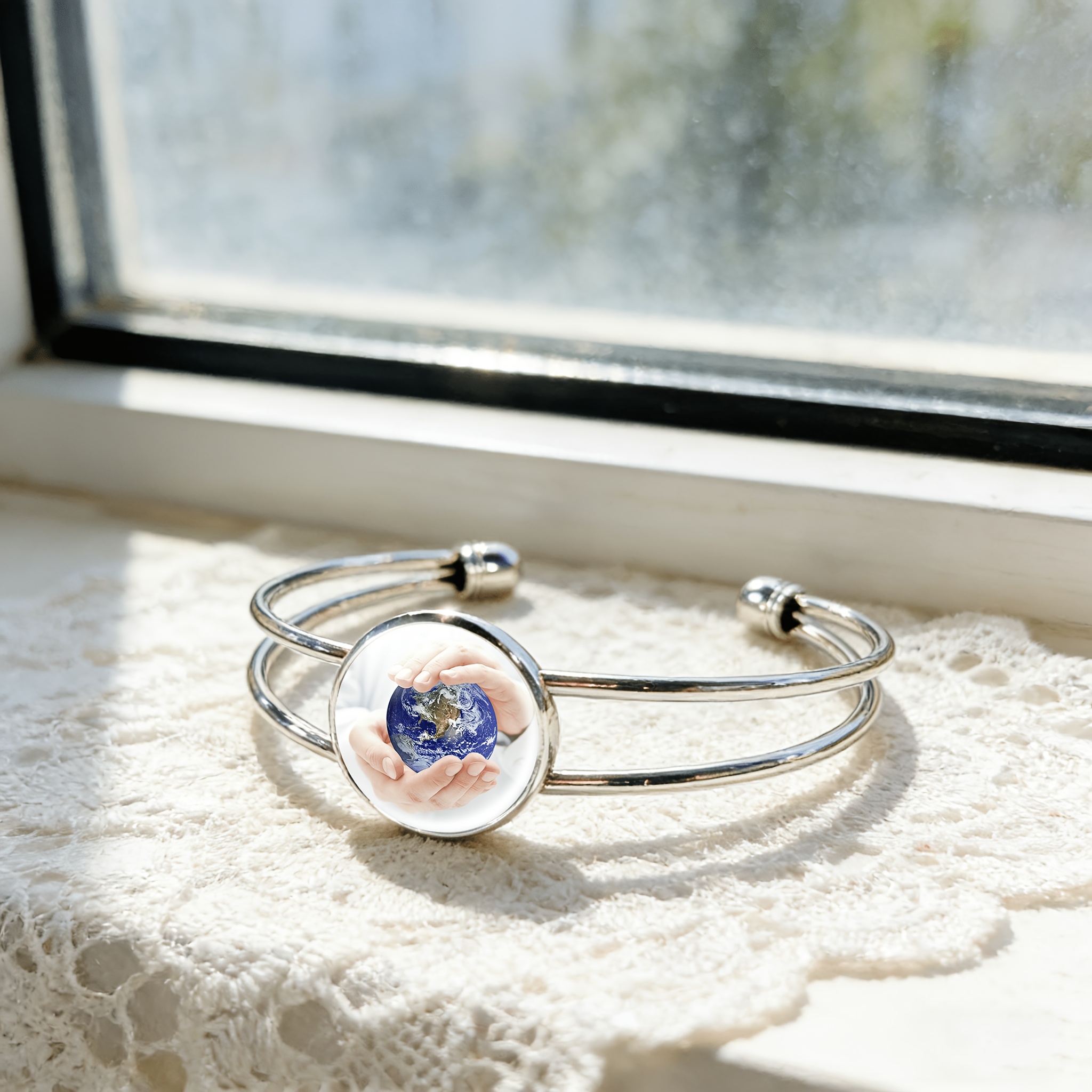 Women's Adjustable Open Bangle, Earth Sphere Design