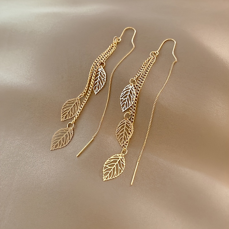 

[top-rated] Elegant Golden-tone Leaf Tassel Earrings For Women - 925 Silvery Posts, Alloy Crafted