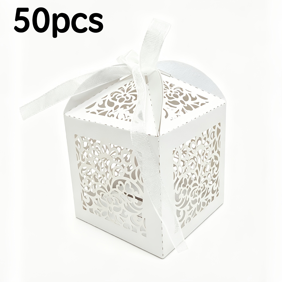TEMU Gift For Her/him 50pcs Laser Cut Baroque Style Wedding Favor Boxes, Elegant Floral Lace Candy Boxes With Ribbon, Suitable For Wedding, Bridal