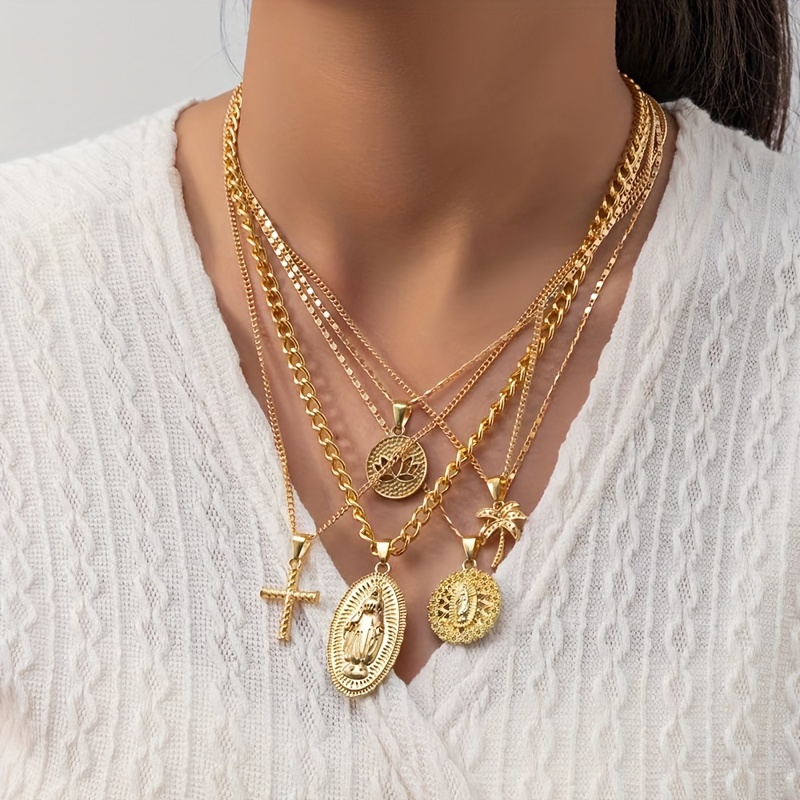 

1 Strand Golden Portrait Carved Cross Coconut Tree Multi-layer Pendant Necklace Personality Stacking Fashion Party Style Upscale Sense Accessories