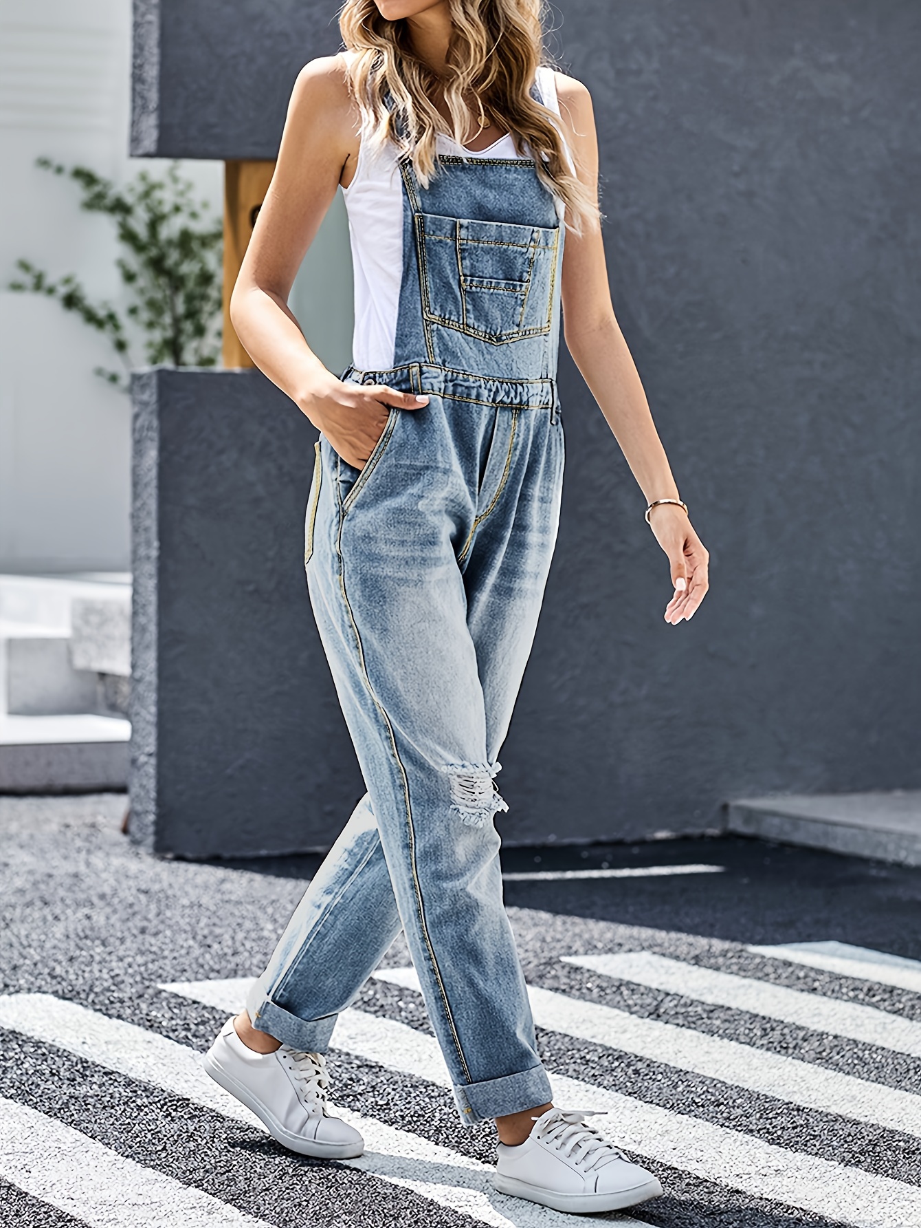 Distressed Denim Overalls