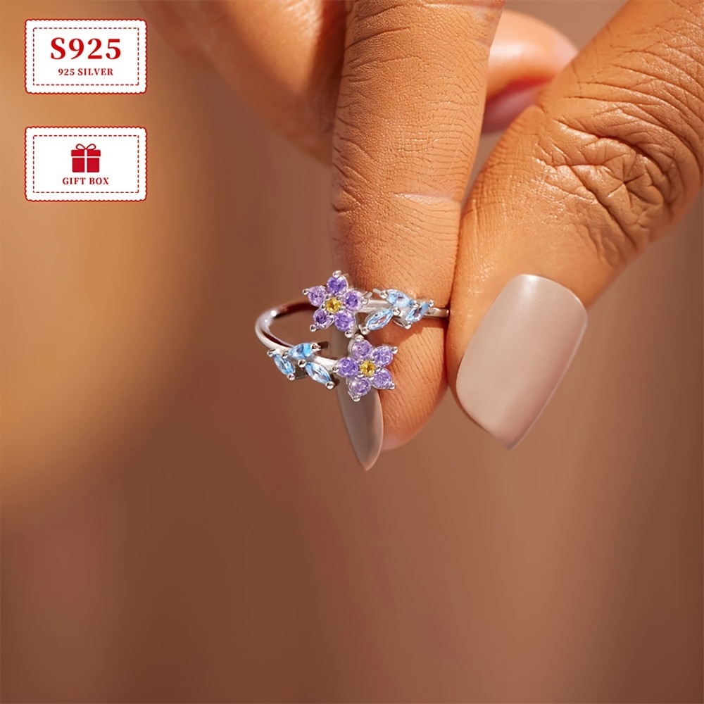 

1pc Elegant 925 Sterling Silver Adjustable Flower And Leaf Ring For Women, Synthetic Cubic Zirconia, , Jewelry