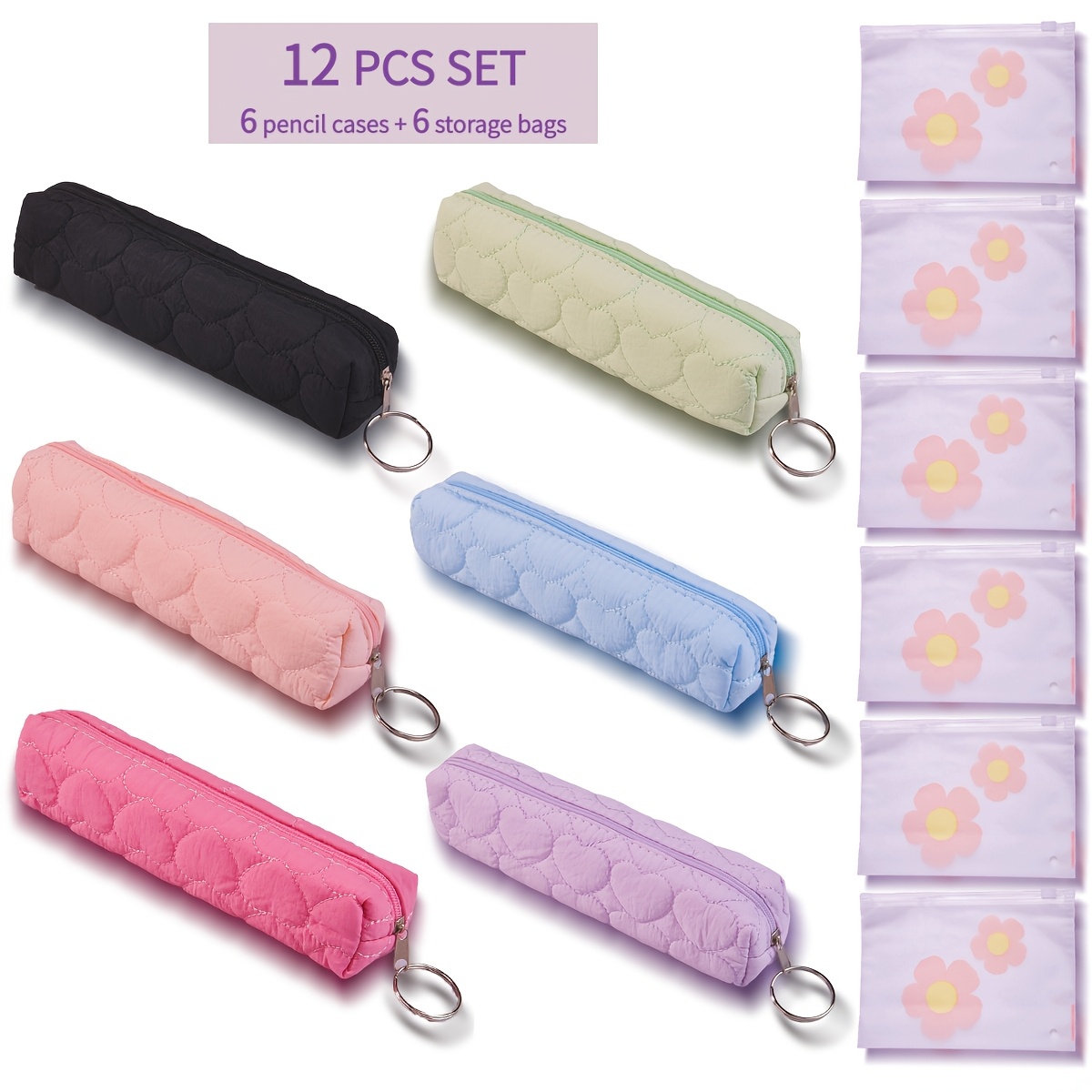 TEMU 12pcs Pencil Case Storage Set, 6 Heart Quilted Pencil Cases And 6 Floral Print Storage Bags, Multifunctional Stationery Storage And Organization