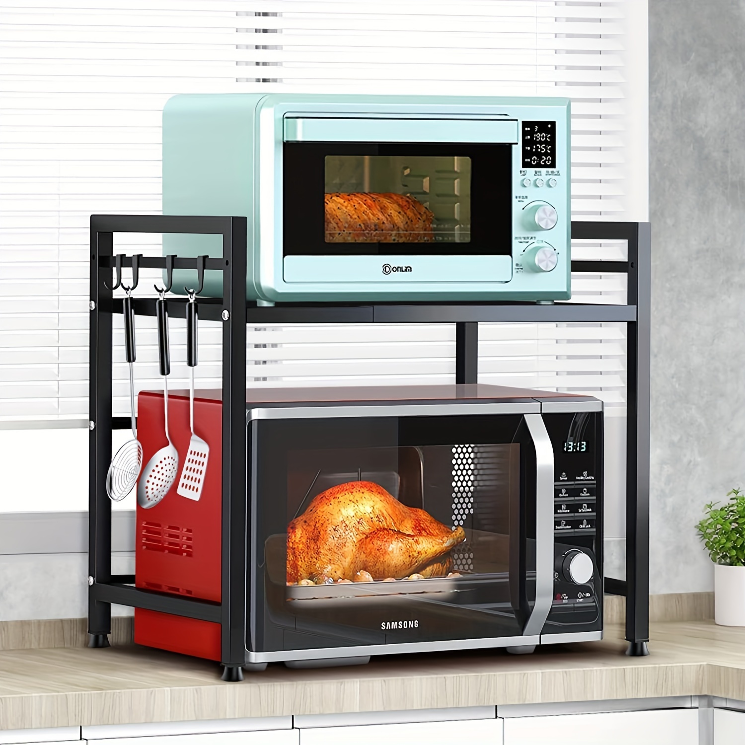 Kitchen Shelf, 40-64cm Extendable Microwave Shelf With 6 Hooks, 32cm/42cm Height-adjustable Microwave Stand, 30kg Load-bearing Microwave Oven Shelf, Microwave Oven Shelf, Spice Rack, Microwave Holder, Kitchen Storage Rack
