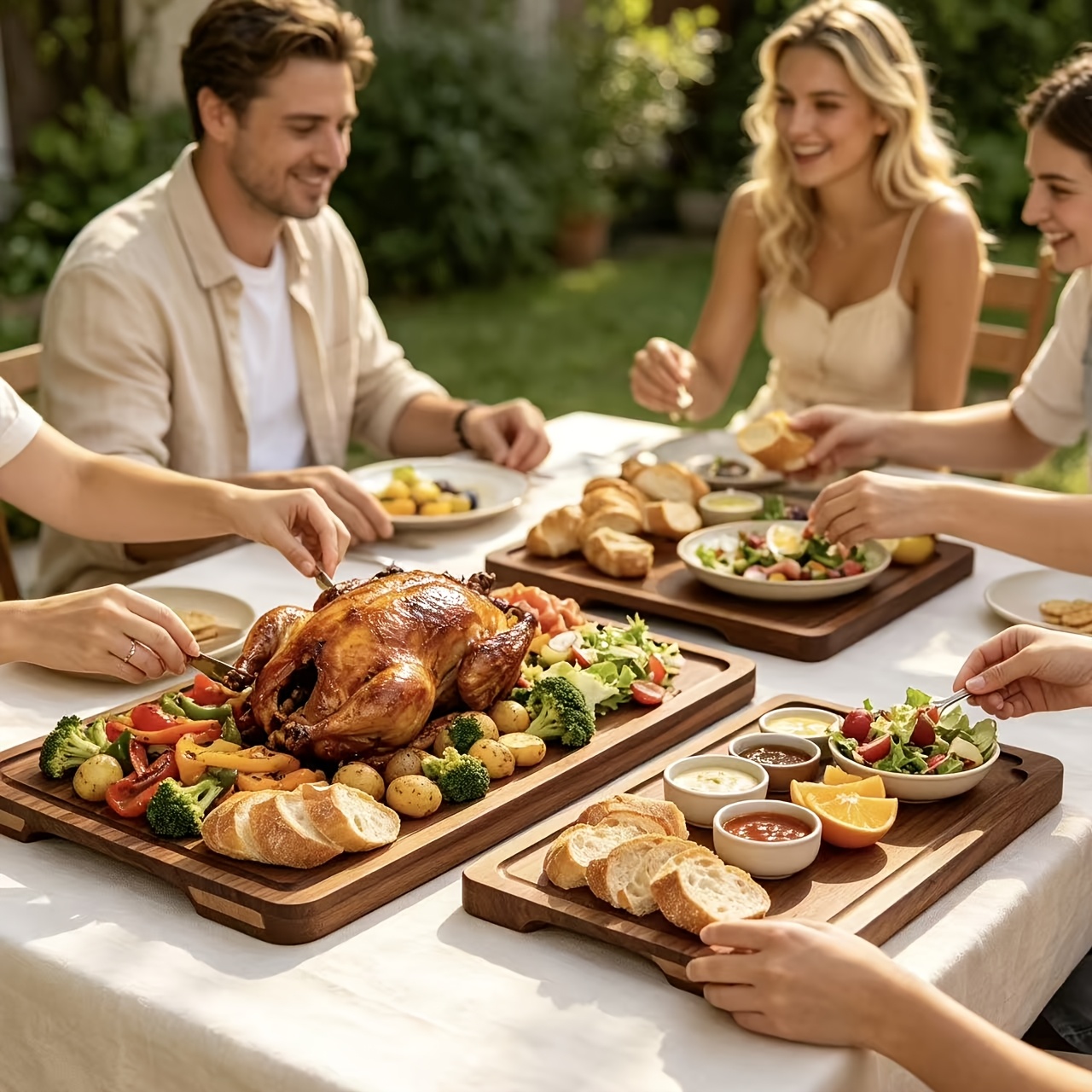 Image of 3 Sizes Bamboo Serving Board Set Wooden Serving Platter Charcuterie Board Cheese Board Food Serving Board Kitchen Dining Appetizer Table Serving Board Pre Sturdy Tray With Juice For Snack Party Use