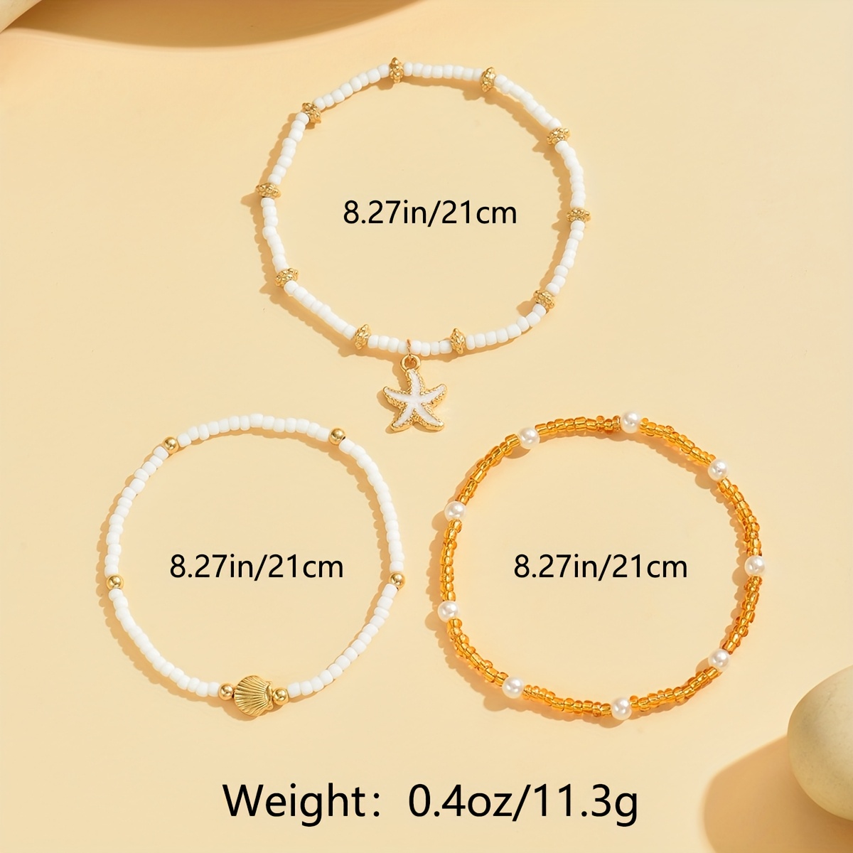 Boho Beach Ankle Bracelets with Seashells & Starfish, Set of 3