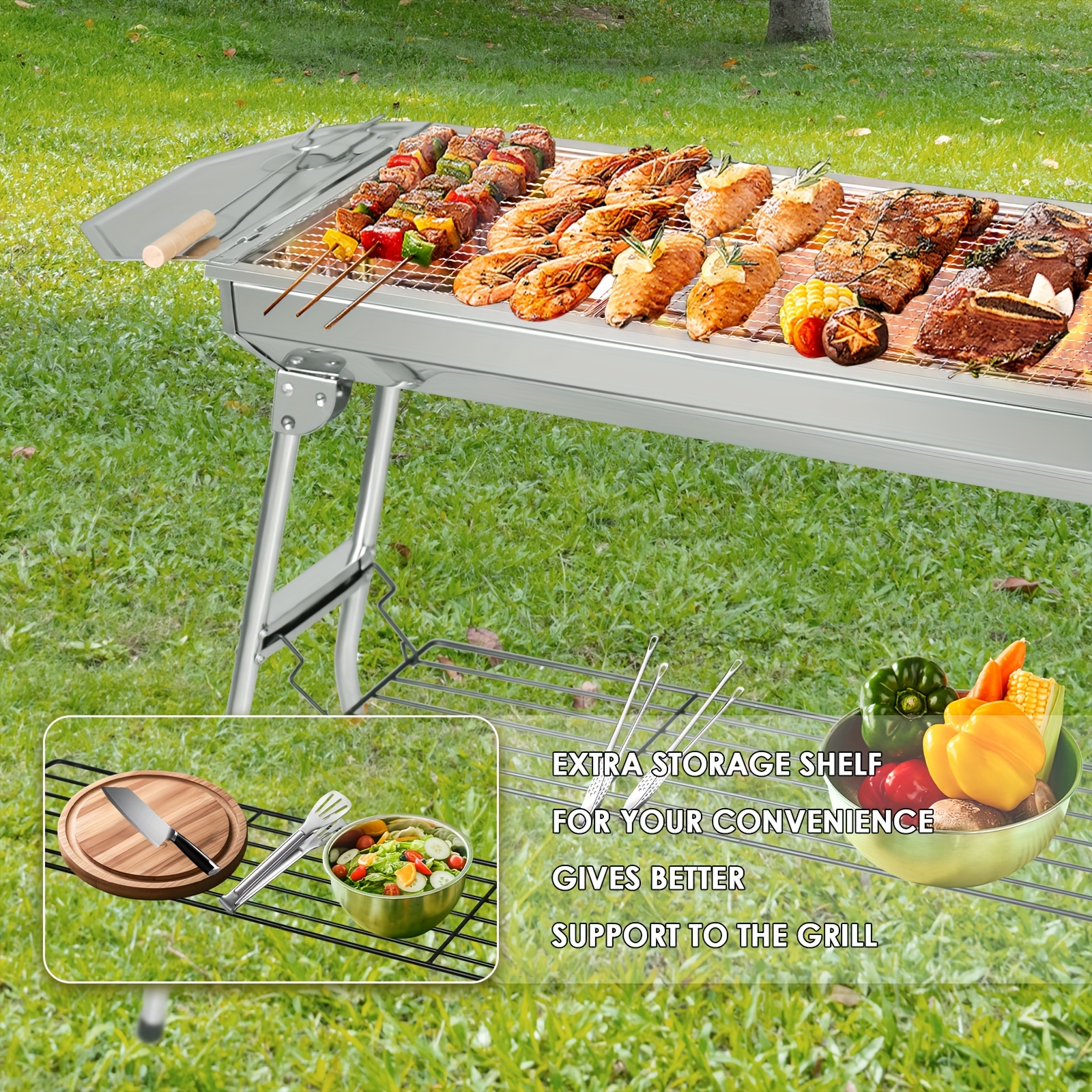 [Portable | Stainless Steel] Portable Stainless Steel Folding Barbecue Grill | Comes With A Barbecue Tool Set, Including Forks, Shovels, And Tongs | The Large Charcoal Grill Features Side Tables And A Condiment Storage Basket, Ideal For Outdoor Cooking, Camping, And Picnics
