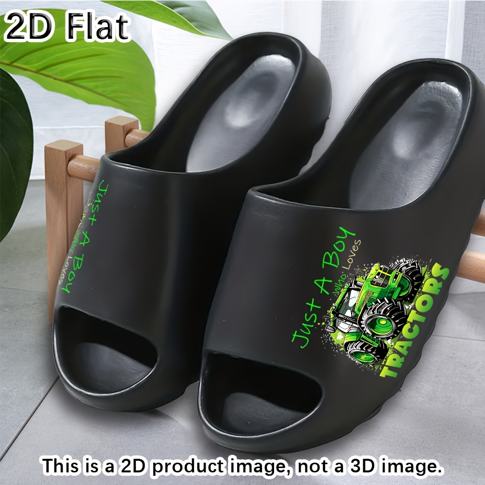 TEMU 1pc Eva Slip On Sandals For, 2d Flat Design With "just A Tractors" Tractor Print, Comfortable Casual Footwear, Lightweight Non Slip Summer Shoes