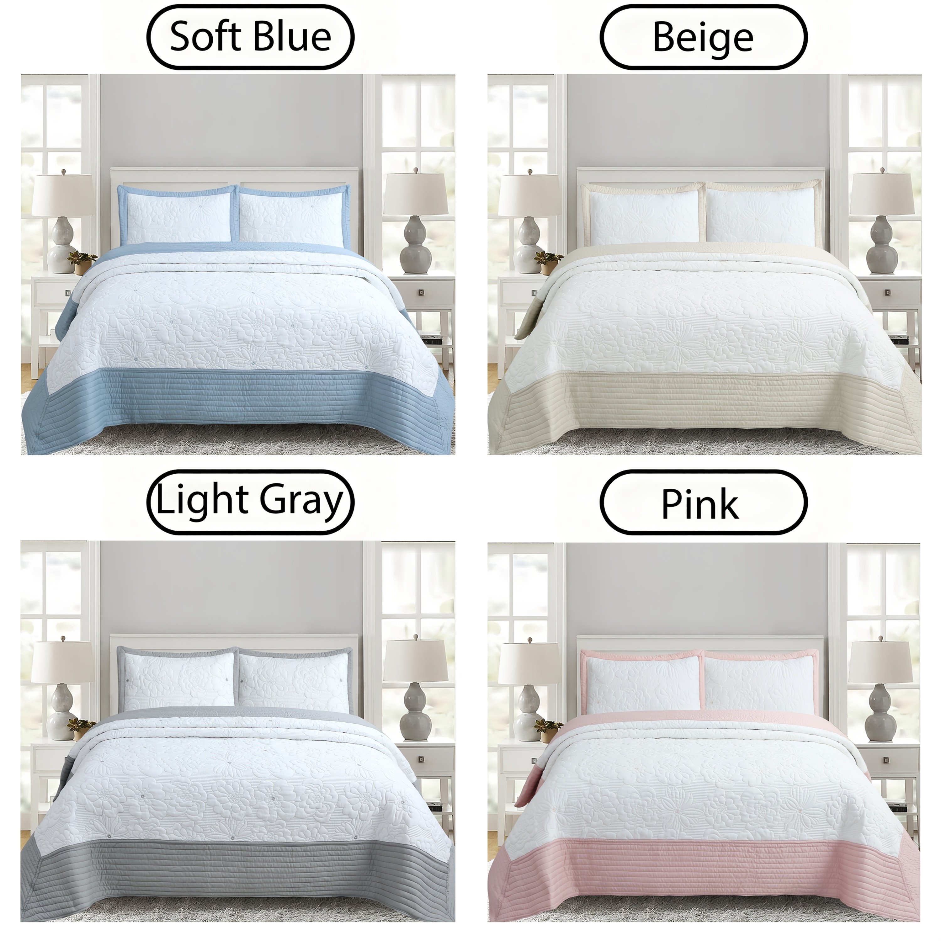 King Size 3pcs Embroidered Quilt Bedspread Set - 240X260Cm, Available in 4 Soft Pastel Shades (Light Blue/Beige/Soft Gray/Pink), Featuring a Quilted Pieced Border, Ideal for Master Or Guest Bedrooms And Home Decoration