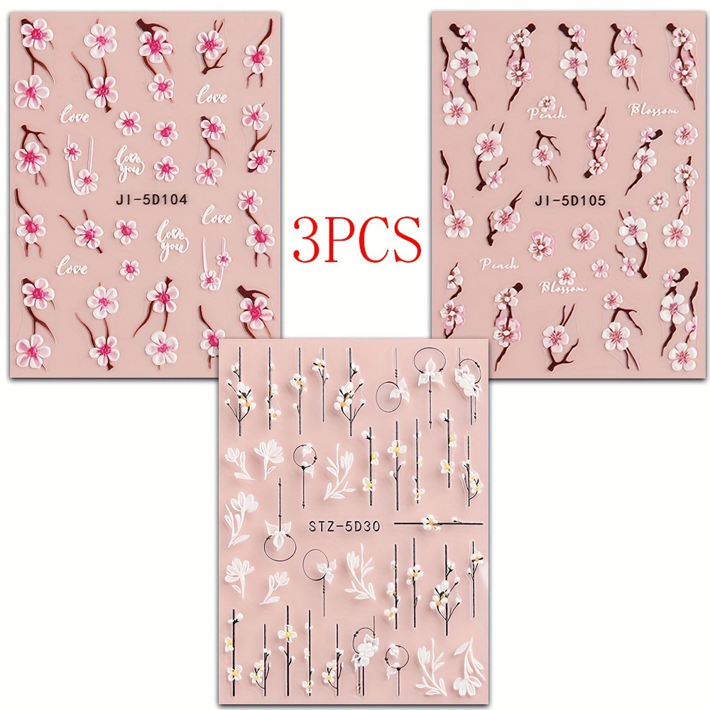 3pcs Relief Nail Stickers Spring Summer Cherry White Flower Girly Floral Nail Stickers