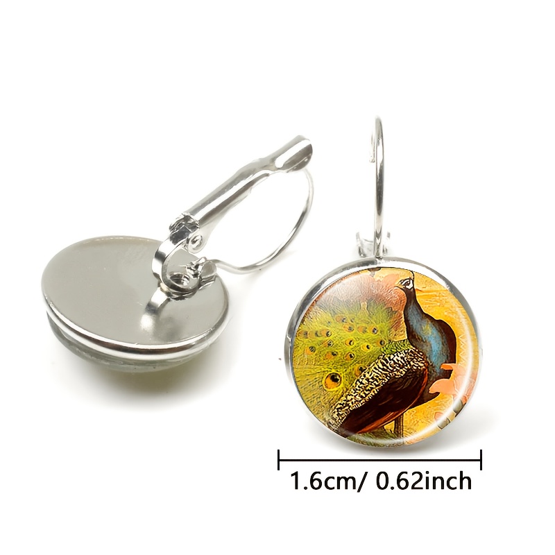 2pcs Round Glass Inlaid Base Earrings Set with Peacock Feather