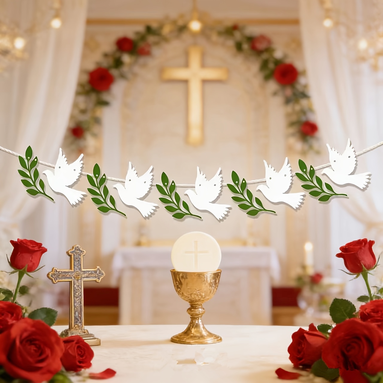 Image of Banner, Party Banner, Hanging Decorations, Wreath Banner Pennant Party Supplies Suitable For Baptisms, First Holy Communions, Confirmations, And Other Occasions