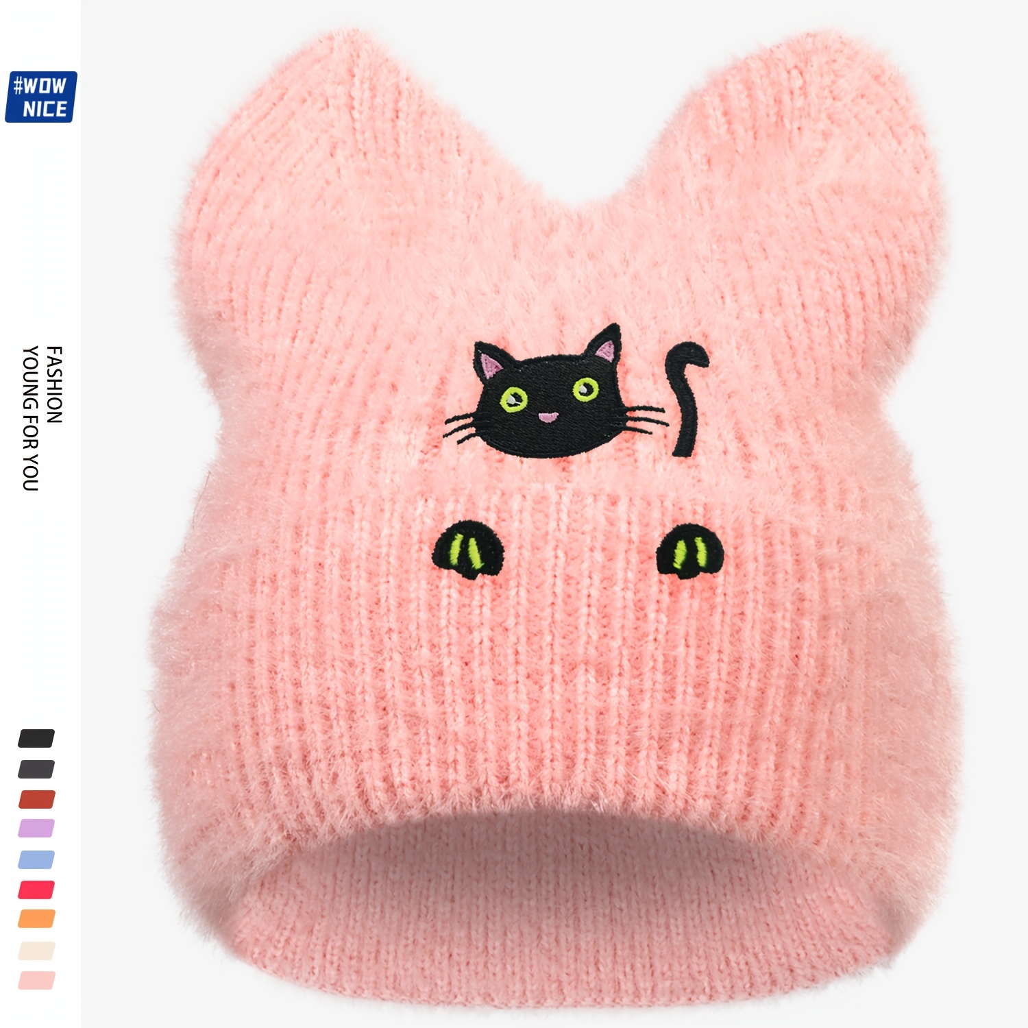 TEMU Women' Embellished Black Cat Ear Hat With Embroidery - Thick Winter Ski Cap, Elastic Warm Hat Suitable For Skiing, Christmas Gift, Hand Washable