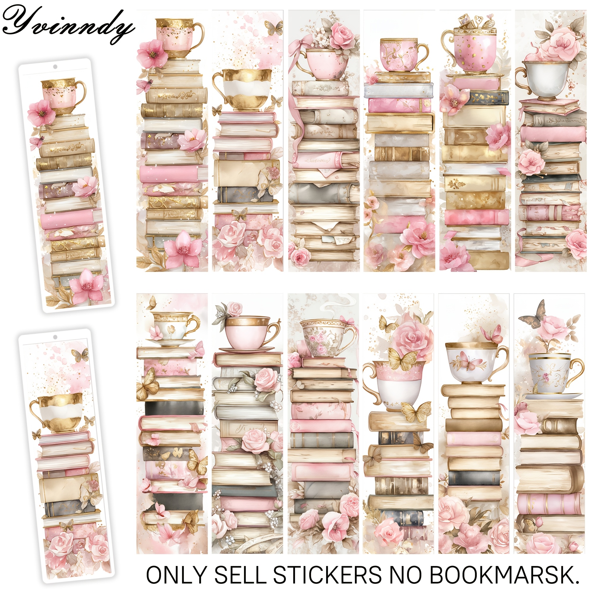 TEMU Marque-page transfert UV DTF Tasse à thé rose et Pile de livres étanche, 24 pièces Fournitures esthétiques florales aquarelle élégantes UV DTF