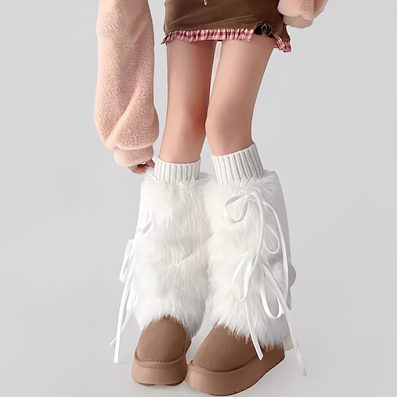 TEMU A Pair Of Winter Warm Plush Leg Warmers With Straps And Bowknot Design