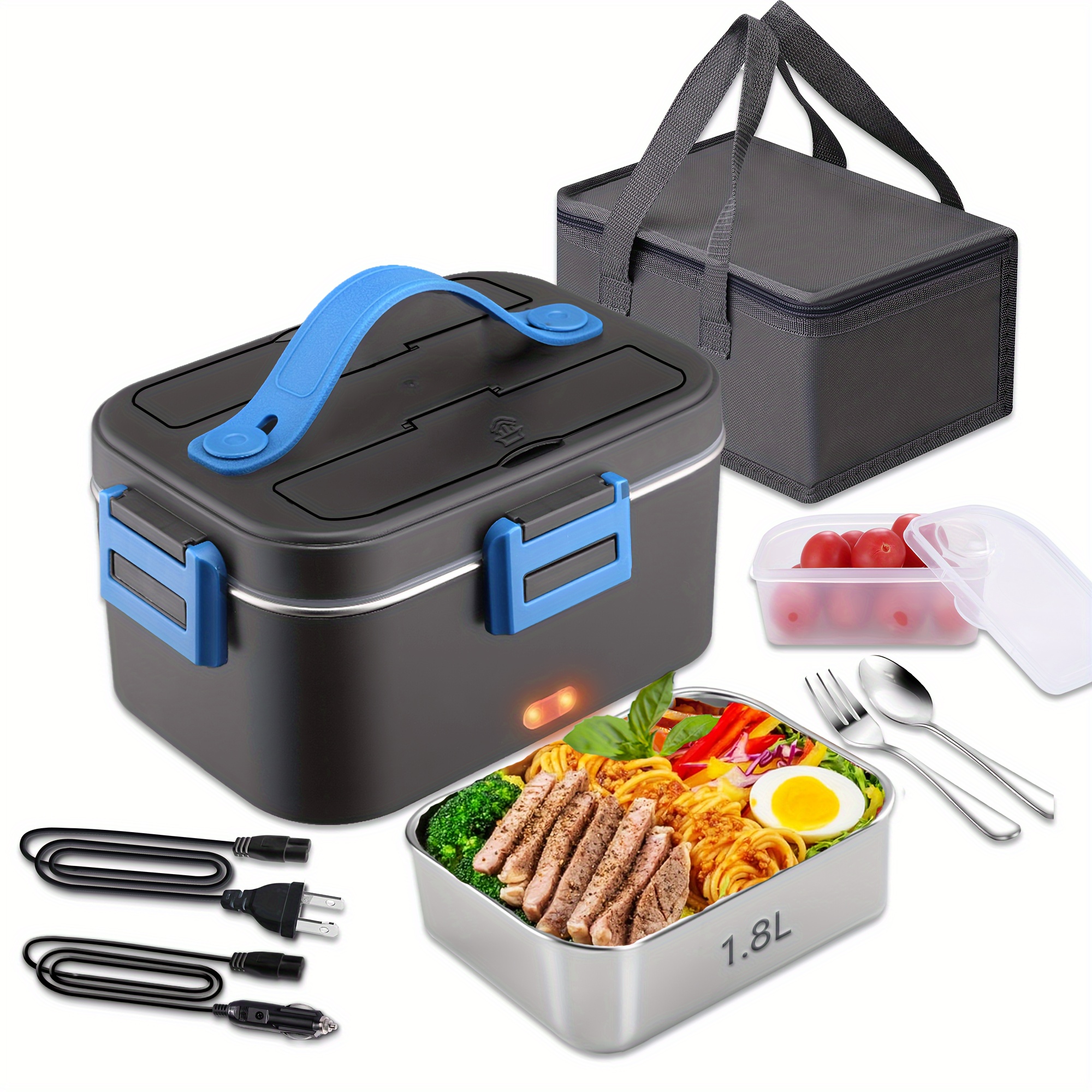 

Adult Electric Lunch Box, Blue 80w Portable Heated Lunch Box 3 In 1 Portable Food Warmer 110v/12v/24v With 1.8l Removable Stainless Steel Container And Bag