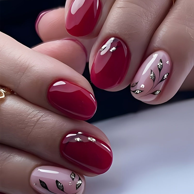 TEMU 24pcs Spring-summer Burgundy Glossy Leaf Press-on Nails, Medium Short Reusable Nail Set With Leaf Patterns And Glitter Design, Easy To Apply And