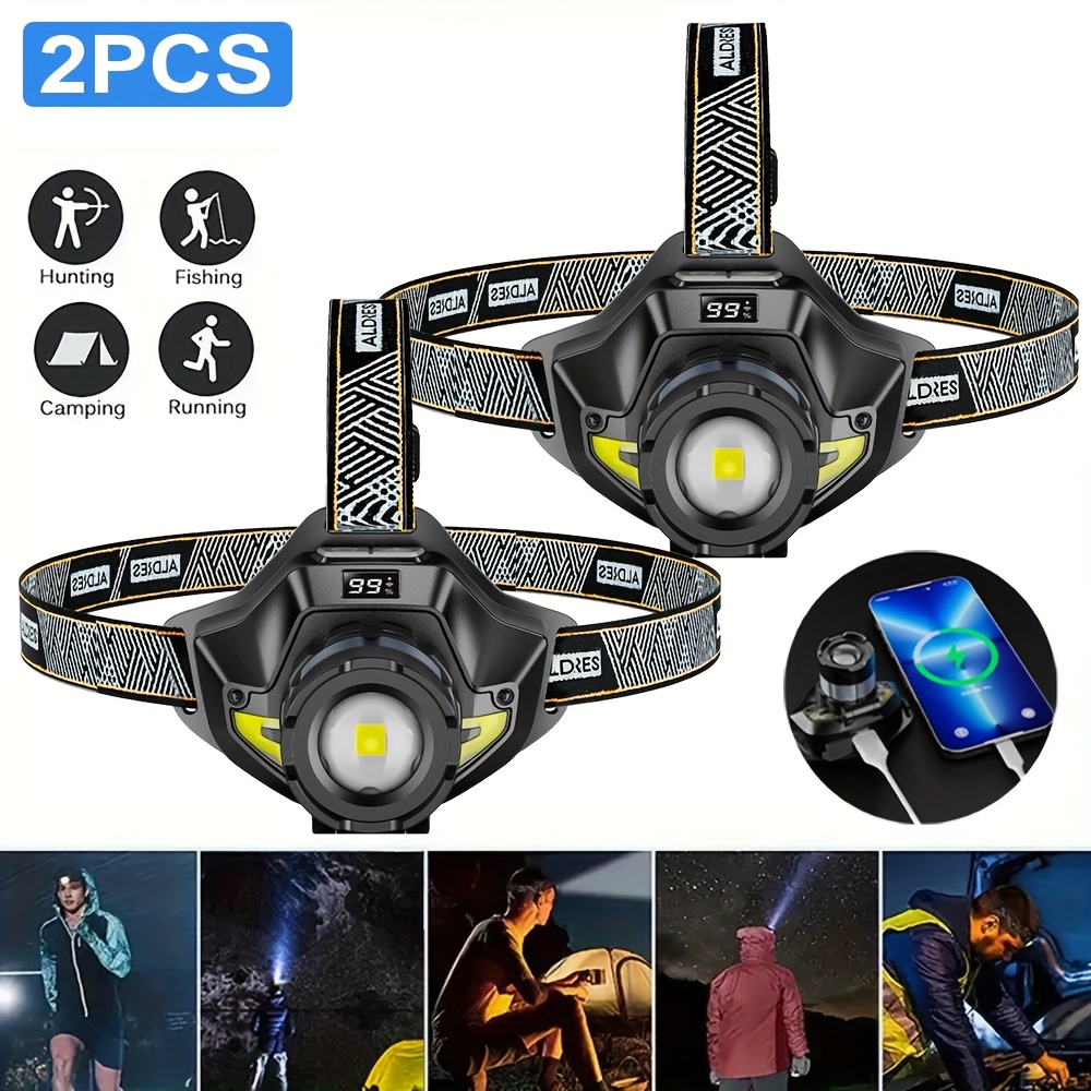 TEMU 1/2pcs Rechargeable Led Induction Headlamp, 6 Lighting Rotating Headlamp, 90 ° Adjustable Fishing Headlamp & Red Light, Camping Flashlight,