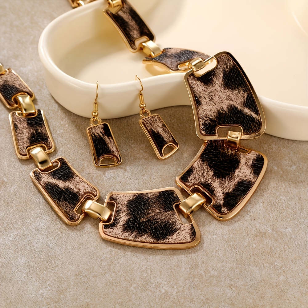 5pcs leopard print jewelry set for women sexy street style plastic accessories with tassel necklace earrings bracelet clutch purse versatile for daily vacation wear details 2