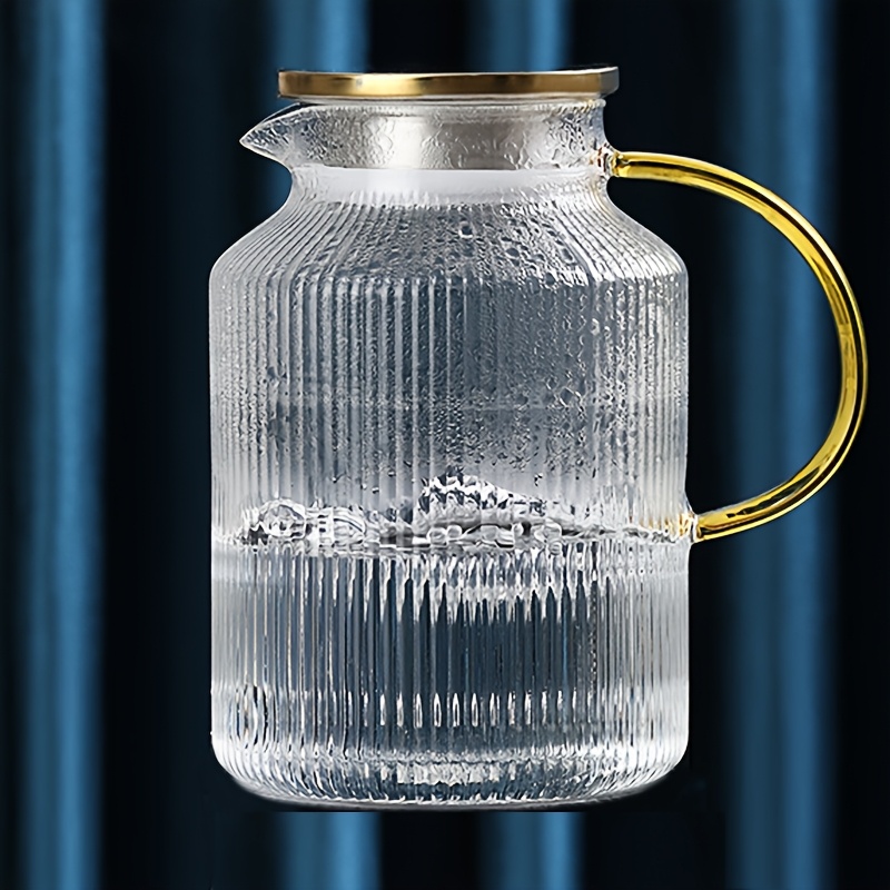 TEMU 1pc, 68oz Glass Pitcher With Lid And Handle, 1800ml Modern Vertical Stripes Tea Pot, Heat-resistant Borosilicate Glass Carafe For Hot/ For Cold