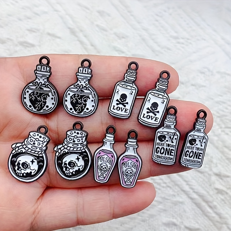 

Gothic Halloween Enamel Charms Set, 10pcs Skull & Potion Bottle Pendants, Zinc Alloy Jewelry Making Accessories For Diy Earrings And Bracelets