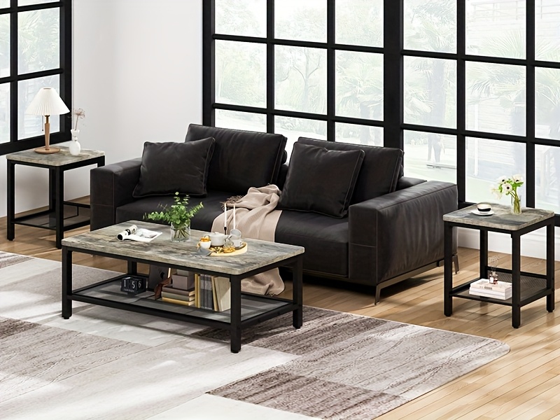 Living Room Table Set, 3pcs Modern Coffee Table with MDF Broad Tea Table & 2 End Side Tables, Space-Saving Coffee Table Set with Metal Frame for Living Room, Small Space, Apartment, Bed Room