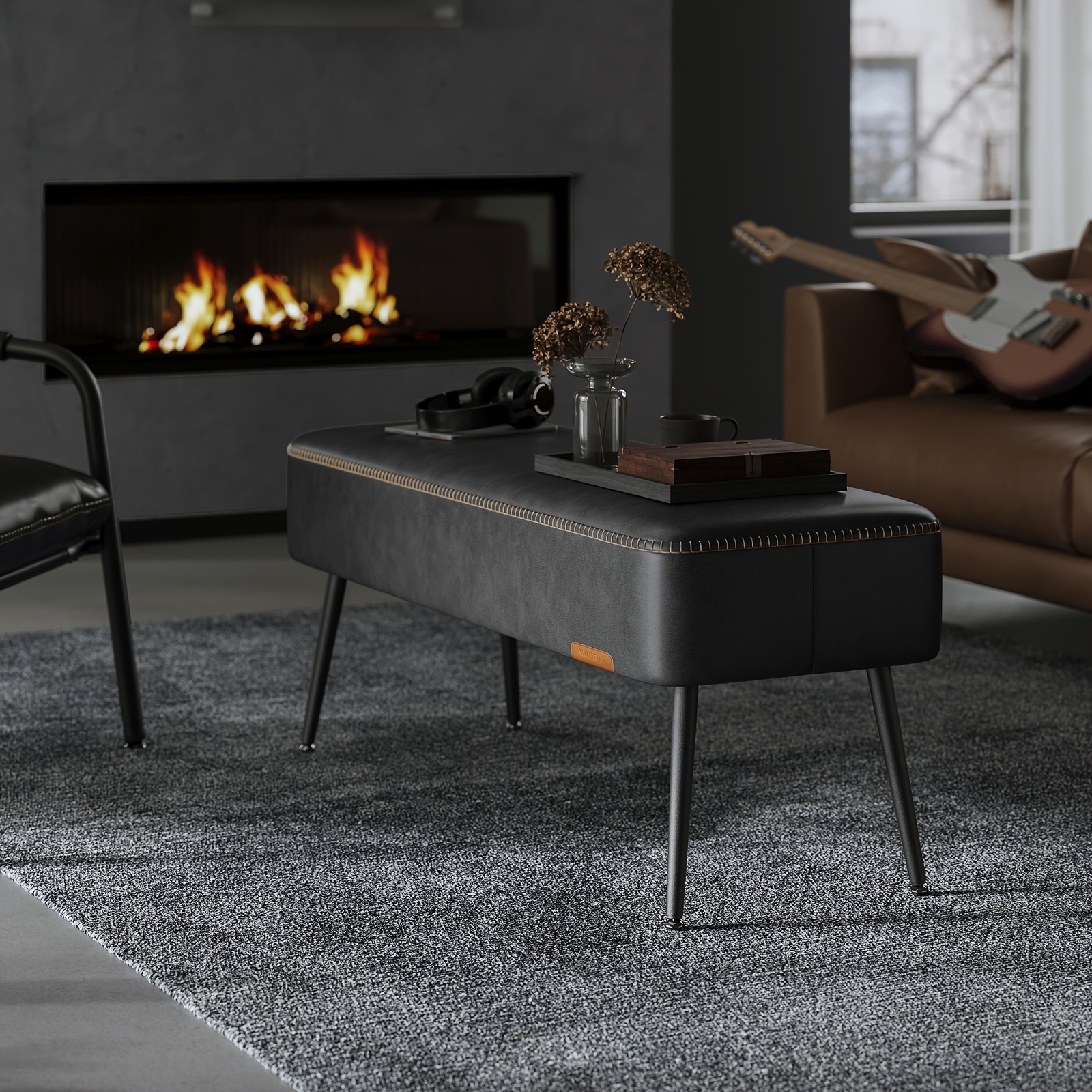 TEMU Collection - Banc pour entrée chambre à coucher, cuir synthétique avec coutures, banc ottoman avec pieds en acier, salon salle à manger, style