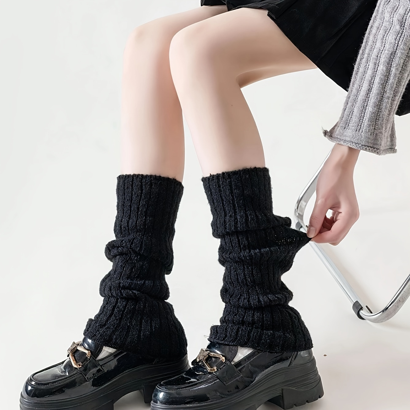 

1 Pair Women's Y2k Style Knit Leg Warmers, Black Polyamide Short Socks With Ruffle Cuffs, Polyester, Hand Wash Or , Fashionable Footwear Accessory For Fall & Winter