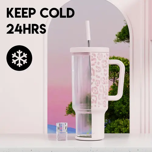 40oz stainless steel round handle cup with leopard print and snowflake design hand wash only leak proof