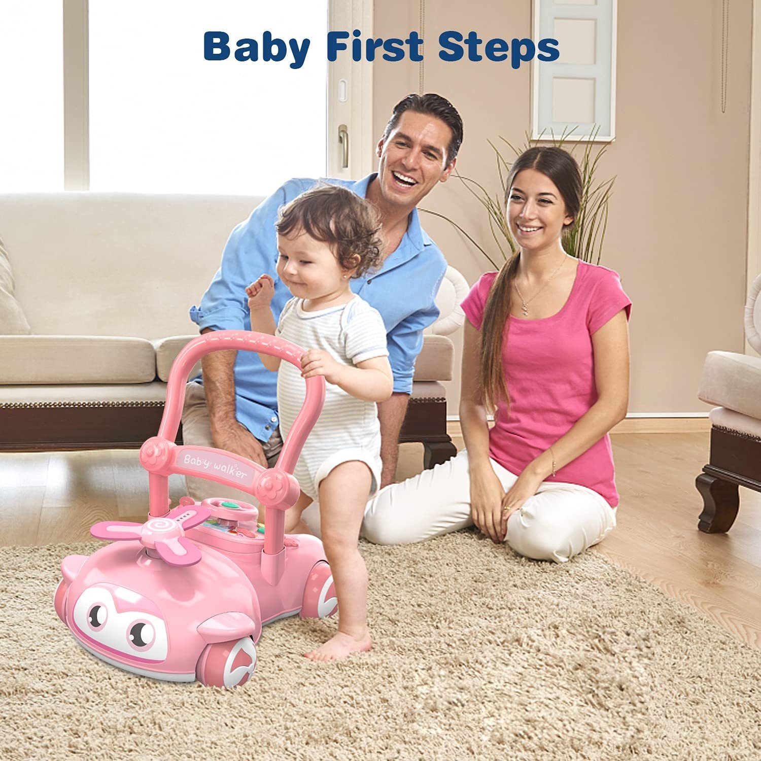 2-in-1 Baby Walker, Toddler Sitting and Standing Walker with Music Panel, Push Toy for Learning to Walk