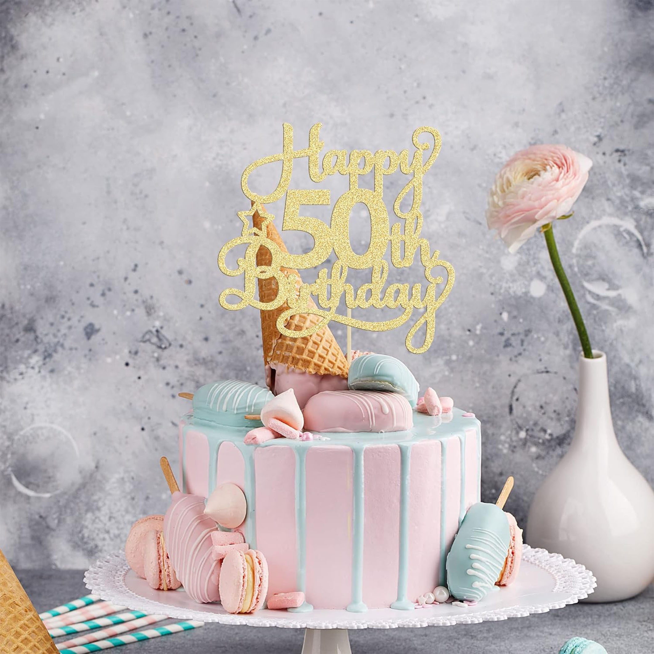 Topper Torta 50&deg; Compleanno Mamma - Decorazione Con Glitter Argento 'Happy Birthday'