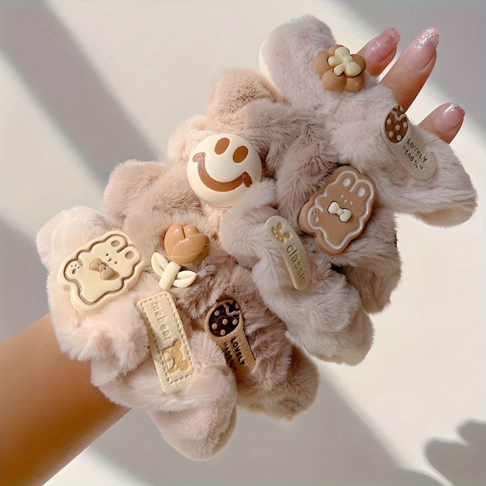 TEMU 5pcs Set Cartoon Bear & Bunny Ties - Soft Style -functional Hair Accessories, Hair Bands For Autumn Milk Coffee