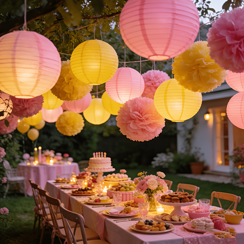 Image of 21pcs Of Yellow And Pink Paper Flower Balls For Hanging Decoration. Suitable For Mother's Day, Easter, Wedding Backdrops, Bridal Showers, Birthday Parties, And Anniversary Celebrations