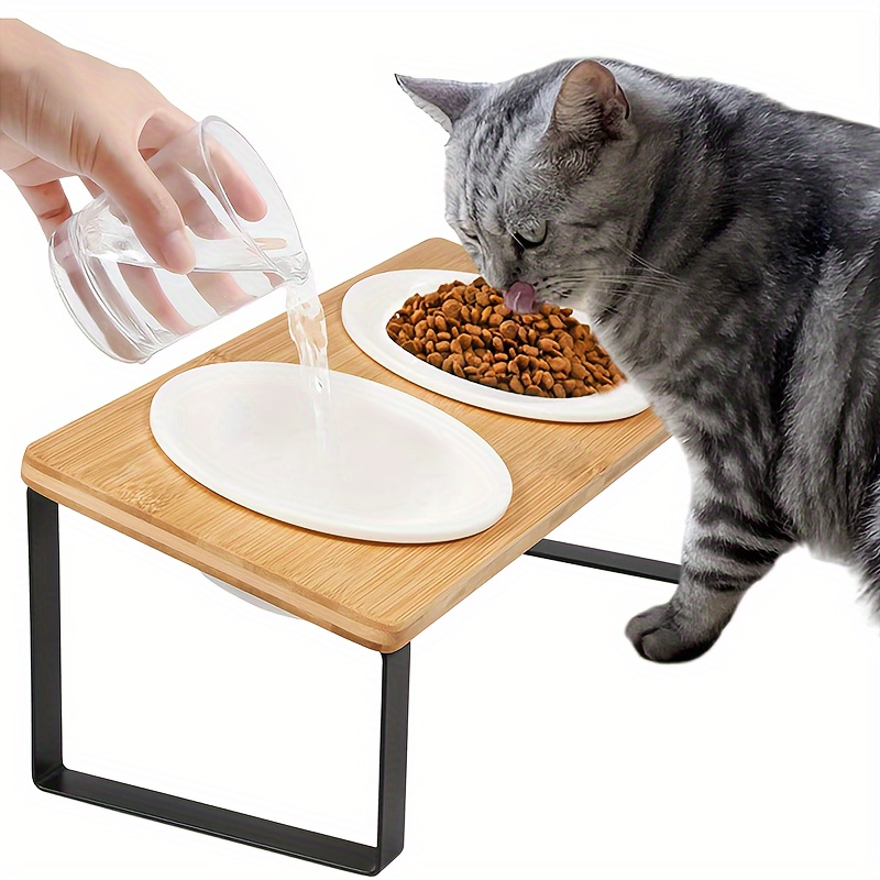 

Ceramic Elevated Cat Double Bowls, Raised Cat Dish Bowls For Food And Water With Tilted Wooden Stand For Neck Protection